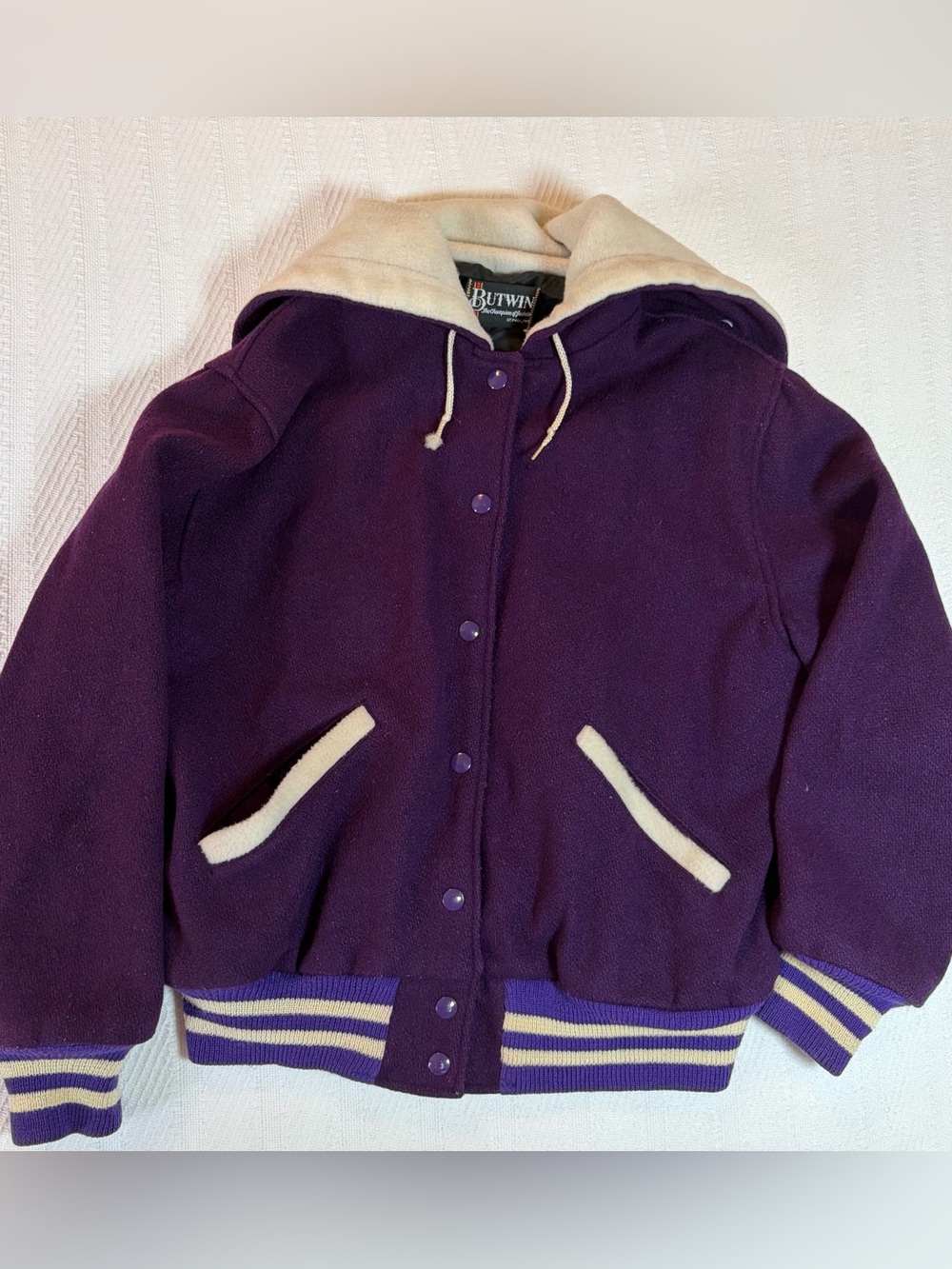 Vintage Butwin Varsity Letterman Jacket Purple Wool Snaps 80s Sailor Hood Lined